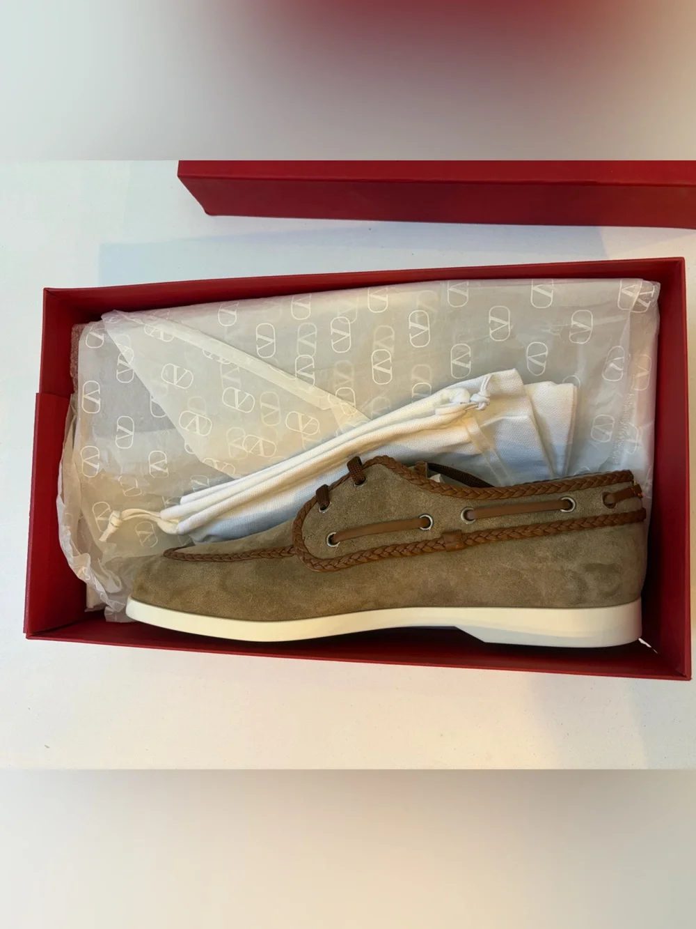 Valentino Suede Braided-Trim Boat Shoes in Tan and Brown